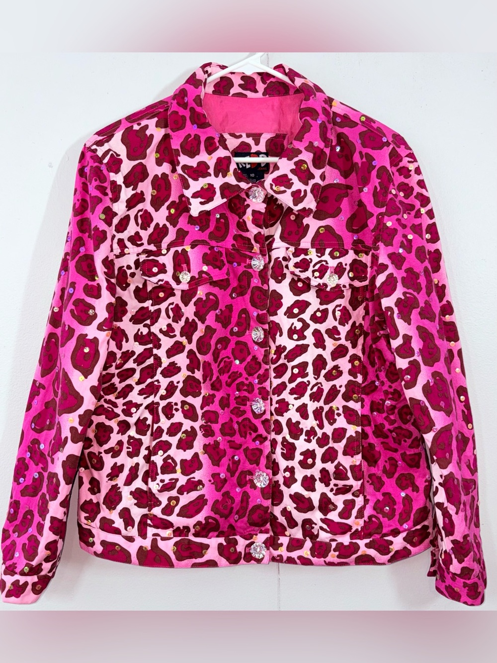 REDD Jeans Women 10 Pink Leopard Sequin Jacket Y2K Bling Rhinestone Buttons